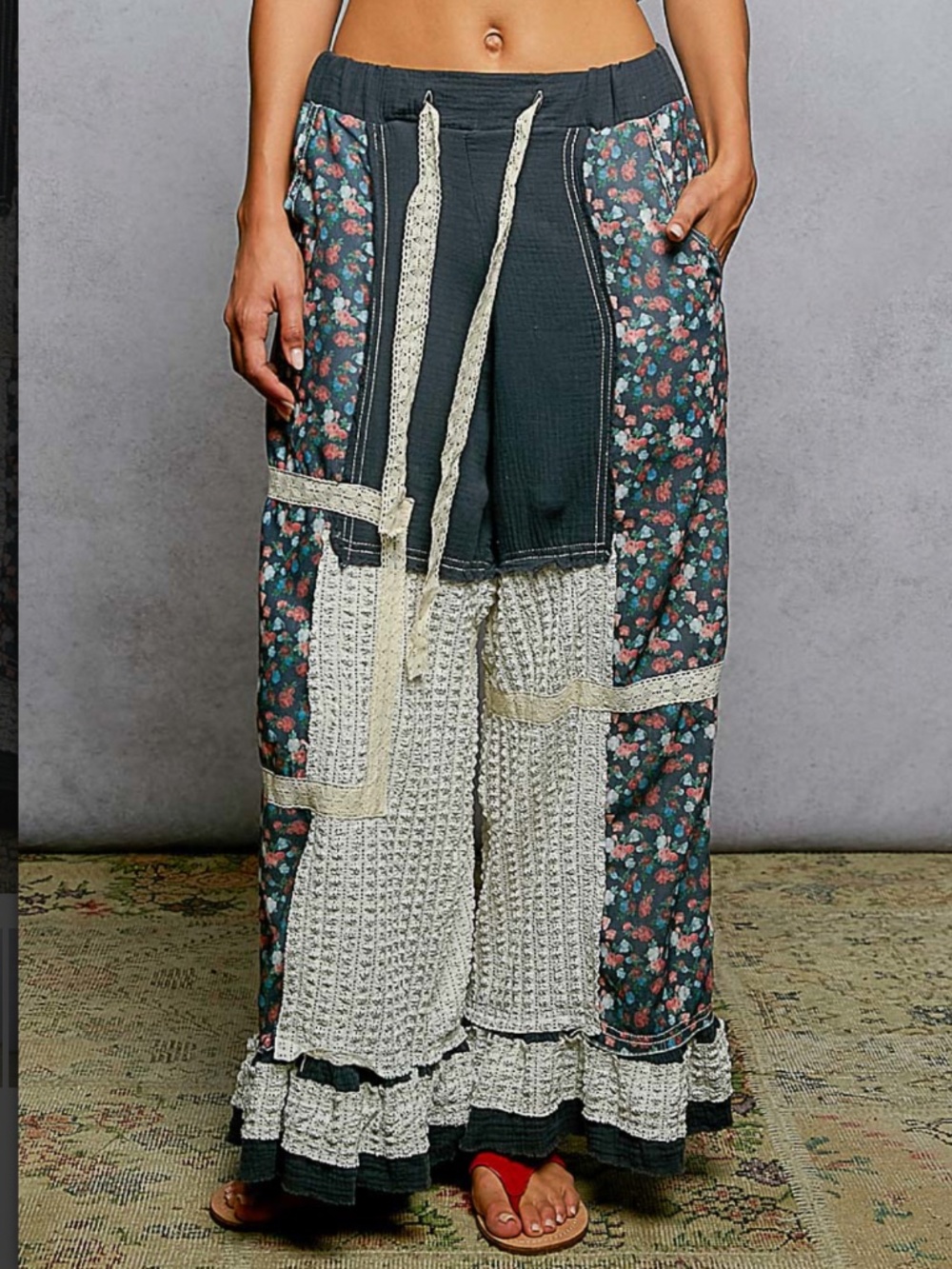 POL Floral Patchwork Straight-Leg Pants in Dark Teal, Cream, Pink